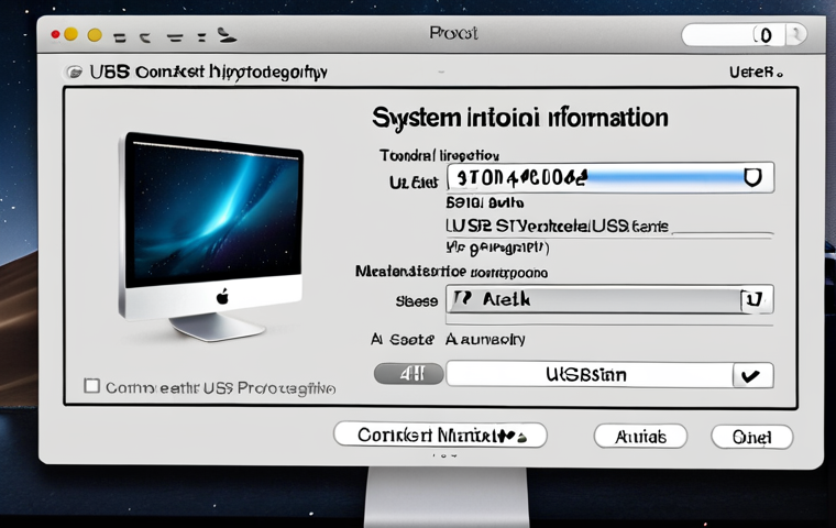 **System Information Window:** A MacBook screen displaying the System Information window, highlighting the USB or Thunderbolt section to show connection protocol details like "USB