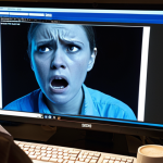 A close-up of a person's face expressing extreme frustration and despair, illuminated by the glow of a computer monitor. On the screen, a Windows Update error message or a "Blue Screen of Death" (BSoD) is clearly visible. The desk is cluttered with work documents and a half-empty coffee cup, conveying the urgency of a looming deadline. The overall lighting is dim and tense, emphasizing the feeling of being stuck and helpless.