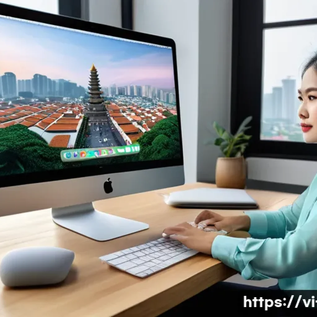 macOS에서 윈도우를 설치하는 방법 - A modern Vietnamese office setting with a young professional woman using a sleek MacBook Air running...