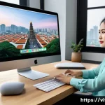 macOS에서 윈도우를 설치하는 방법 - A modern Vietnamese office setting with a young professional woman using a sleek MacBook Air running...
