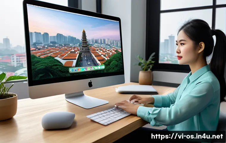 macOS에서 윈도우를 설치하는 방법 - A modern Vietnamese office setting with a young professional woman using a sleek MacBook Air running...