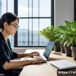 운영체제별 배터리 관리 방법 - A modern Vietnamese office scene featuring a young professional using a sleek Windows laptop with th...