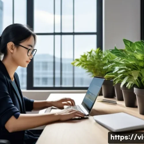 운영체제별 배터리 관리 방법 - A modern Vietnamese office scene featuring a young professional using a sleek Windows laptop with th...