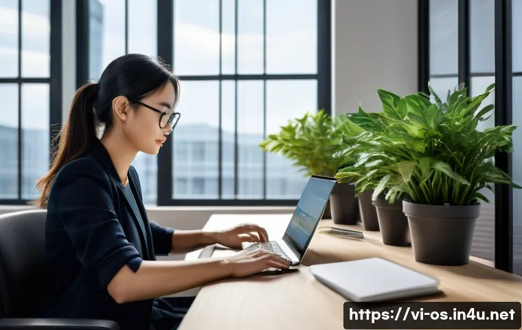 운영체제별 배터리 관리 방법 - A modern Vietnamese office scene featuring a young professional using a sleek Windows laptop with th...