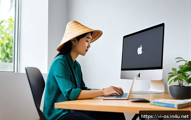 윈도우와 macOS의 소프트웨어 호환성 - A Vietnamese young professional working on a sleek MacBook with an M1 chip in a modern home office, ...