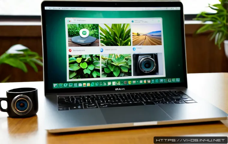 Home 17 macOS의 보안 및 개인정보 보호 설정 - Photorealistic close-up of a modern laptop on a tidy home-office desk, screen showing an abstract ma...